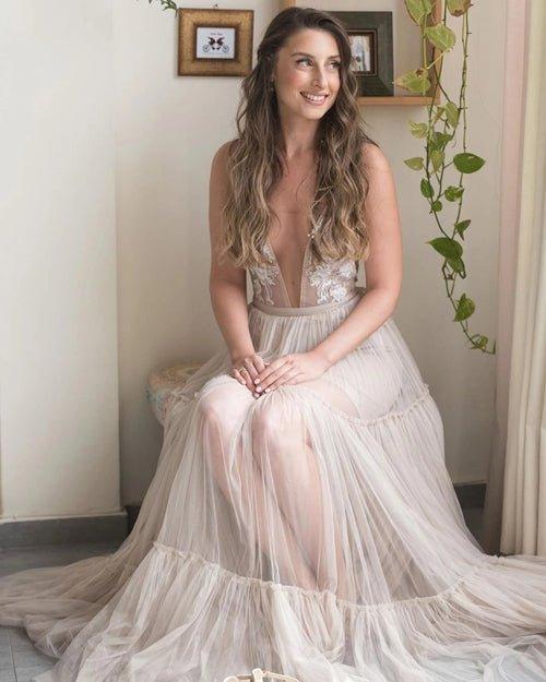 NumberSea Embroidery A-Line Appliques V-neck Bohemain Tulle Wedding Dress,MW441