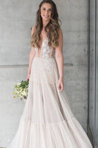NumberSea Embroidery A-Line Appliques V-neck Bohemain Tulle Wedding Dress,MW441