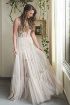 NumberSea Embroidery A-Line Appliques V-neck Bohemain Tulle Wedding Dress,MW441