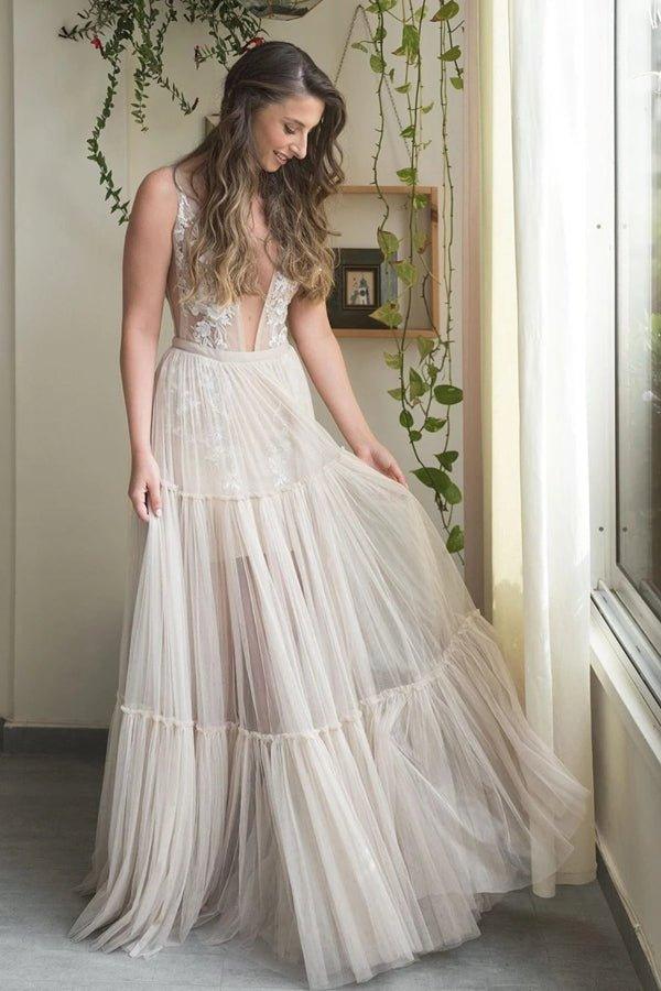 NumberSea Embroidery A-Line Appliques V-neck Bohemain Tulle Wedding Dress,MW441