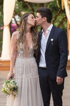 NumberSea Embroidery A-Line Appliques V-neck Bohemain Tulle Wedding Dress,MW441