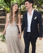 NumberSea Embroidery A-Line Appliques V-neck Bohemain Tulle Wedding Dress,MW441