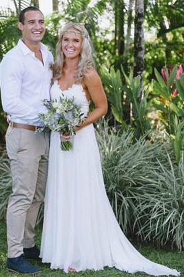 NumberSea Fabulous Chiffon Cheap Spaghetti Straps Wedding Dresses with Short Train, MW130