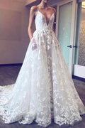NumberSea Fabulous Deep V Neck Spaghetti Straps Lace Applique Ball Gown Wedding Dresses, MW150