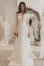 NumberSea Fabulous Ivory Lace Chiffon Long Sleeves Backless V-Neck Wedding Dresses, MW173