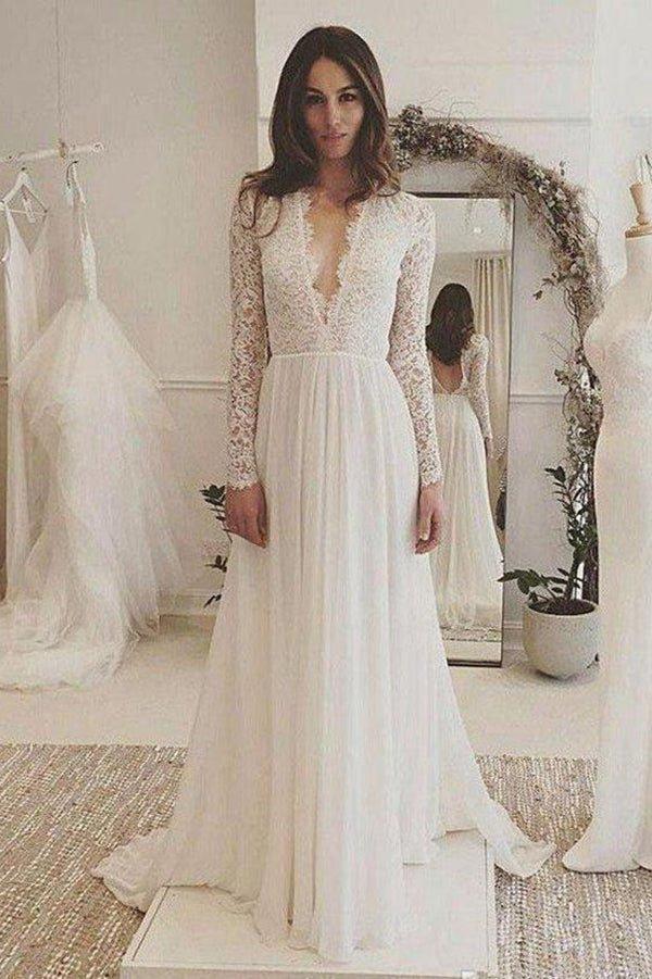 NumberSea Fabulous Ivory Lace Chiffon Long Sleeves Backless V-Neck Wedding Dresses, MW173
