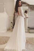 NumberSea Fabulous Ivory Lace Chiffon Long Sleeves Backless V-Neck Wedding Dresses, MW173