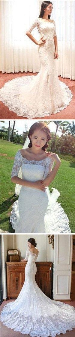 NumberSea Fabulous Mermaid Half Sleeve Off Shoulder Wedding Dresses, Affordable Bridal Dress, MW149