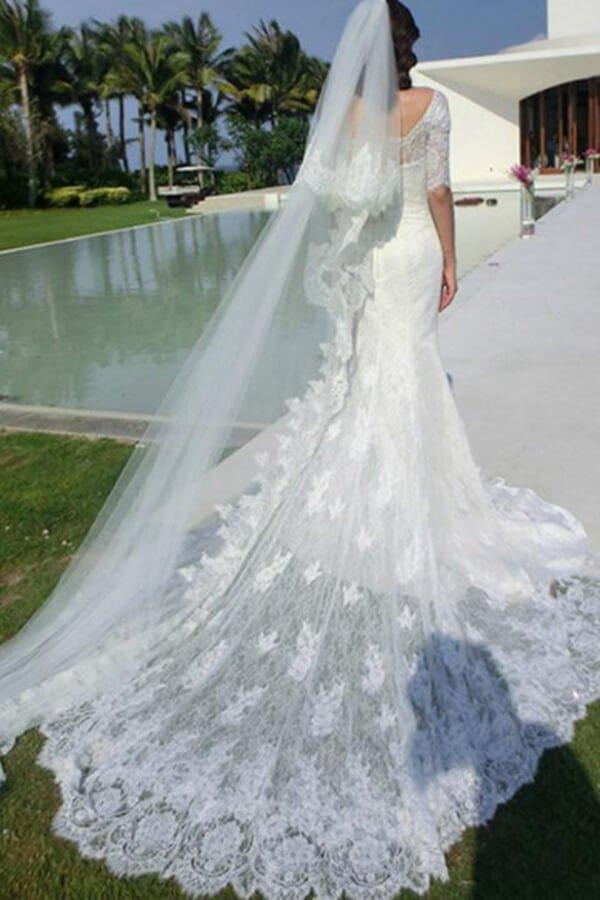 NumberSea Fabulous Mermaid Half Sleeve Off Shoulder Wedding Dresses, Affordable Bridal Dress, MW149