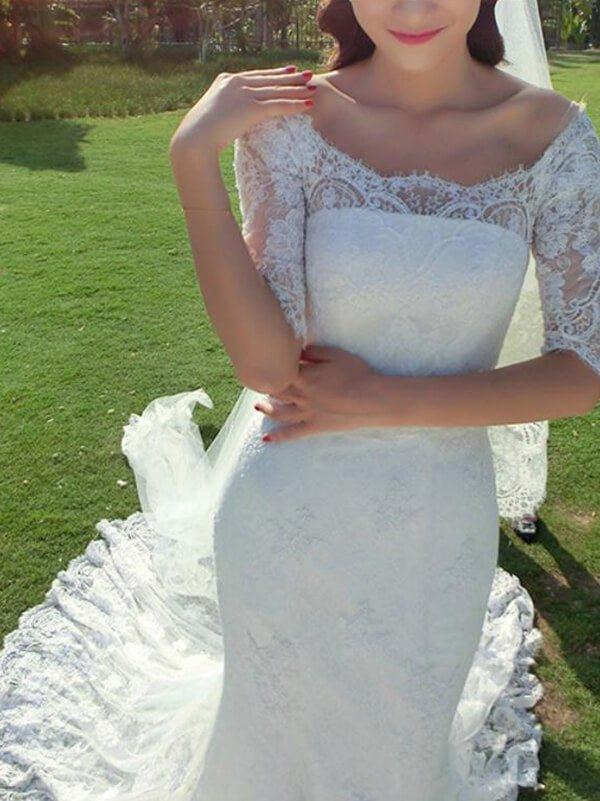NumberSea Fabulous Mermaid Half Sleeve Off Shoulder Wedding Dresses, Affordable Bridal Dress, MW149