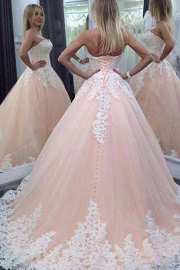NumberSea Fabulous Pink A-line Sweetheart Long Wedding Dress with Appliques, MW220