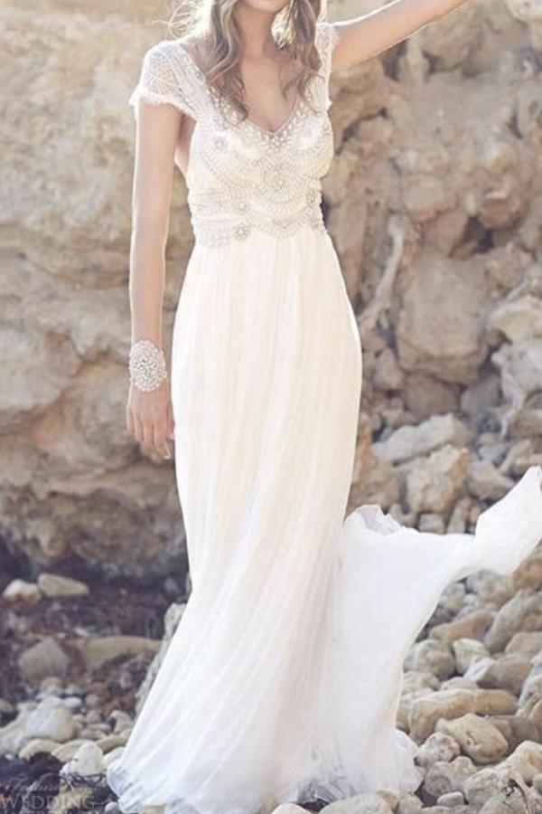NumberSea Fabulous Tulle Cap Sleeves Long Beach Wedding Dress with Lace, MW146