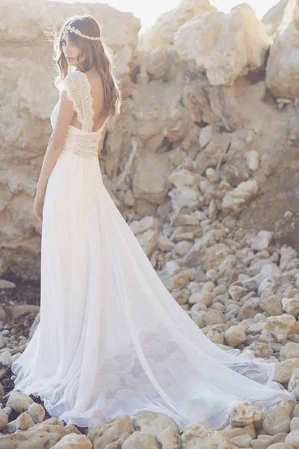 NumberSea Fabulous Tulle Cap Sleeves Long Beach Wedding Dress with Lace, MW146