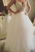 NumberSea Fabulous White A-line V-neck Lace Long Wedding Dresses with Apppliques, MW153