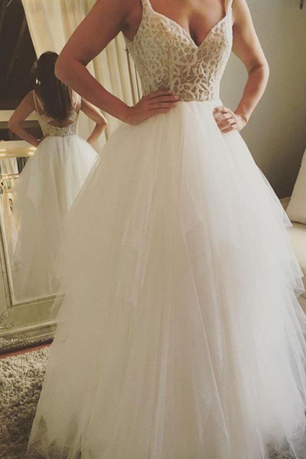 NumberSea Fabulous White A-line V-neck Lace Long Wedding Dresses with Apppliques, MW153