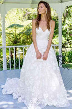 NumberSea Fabulous White Spaghetti Straps A-Line Backless Lace Long Wedding Dresses, MW152