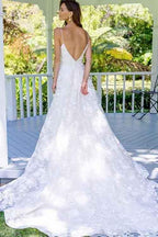 NumberSea Fabulous White Spaghetti Straps A-Line Backless Lace Long Wedding Dresses, MW152