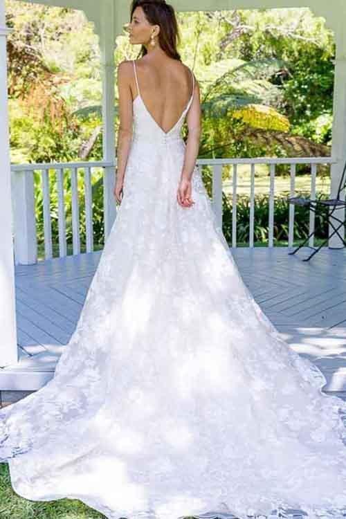 NumberSea Fabulous White Spaghetti Straps A-Line Backless Lace Long Wedding Dresses, MW152