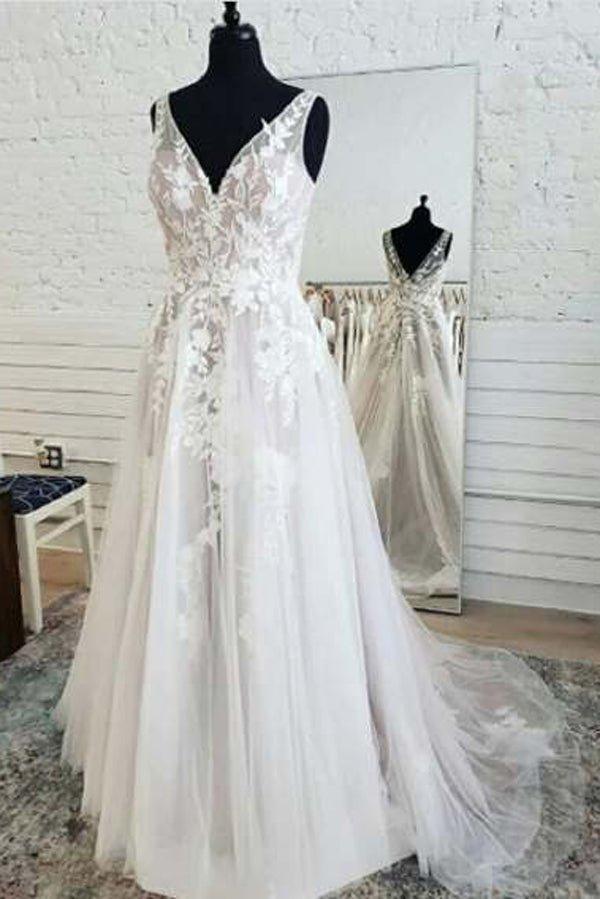NumberSea Fairy Tulle A-line V-neck Open Back Lace Sleeveless Long Wedding Dresses,MW471