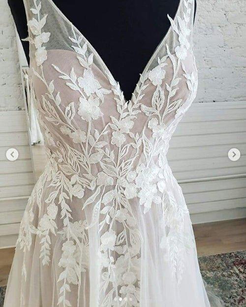 NumberSea Fairy Tulle A-line V-neck Open Back Lace Sleeveless Long Wedding Dresses,MW471