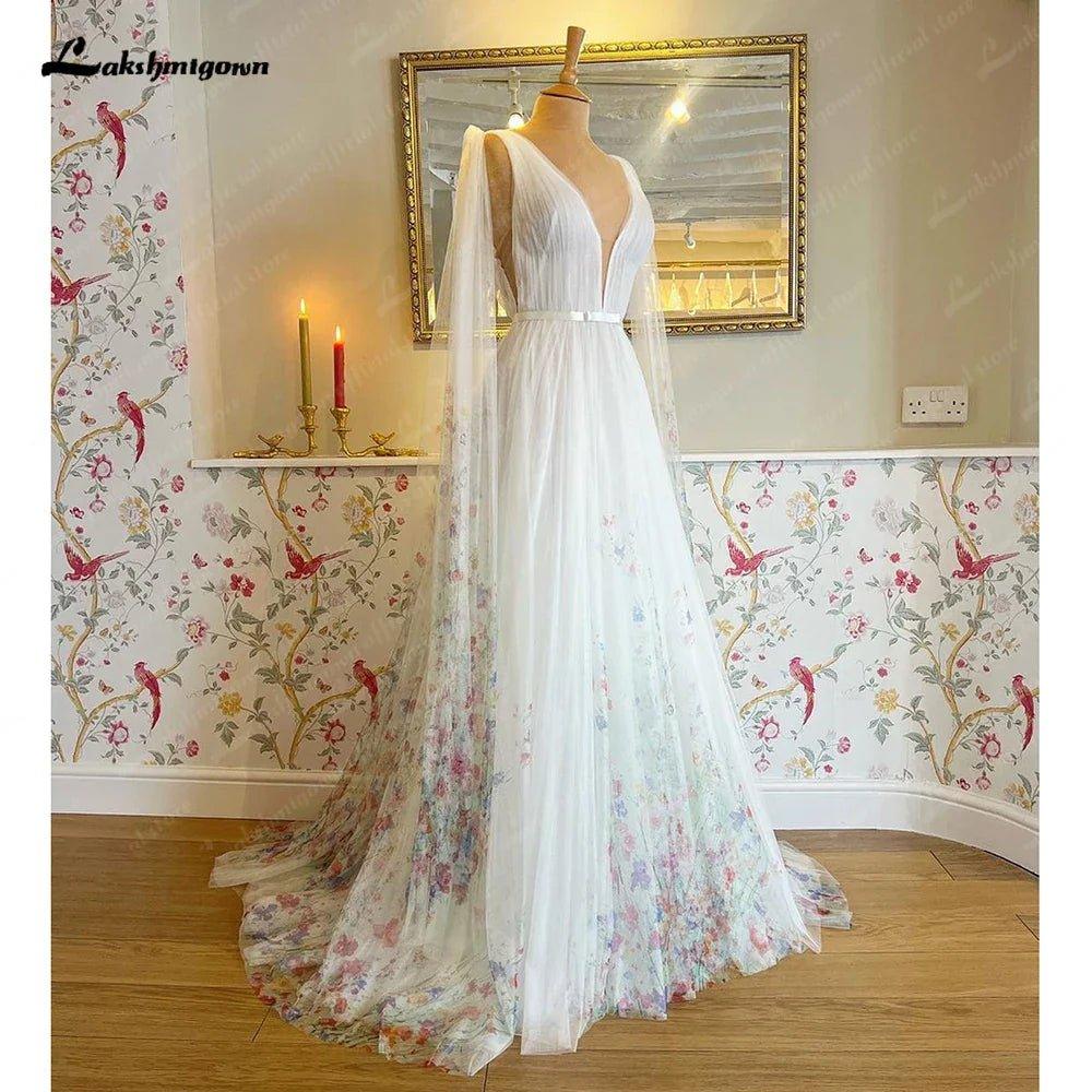 NumberSea Floral Beach Fairy Wedding Dresses with Cape 2025 Backless Wedding Gowns vestido de noiva princesa