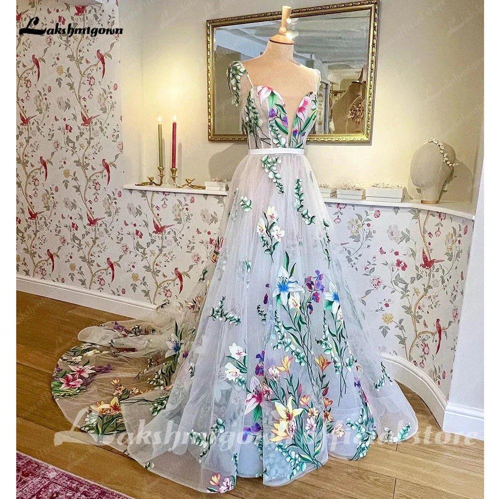 NumberSea Floral Print Lace Floral Garden Wedding Dress V Neck 2025 Beach Boho Bridal Gowns estido de noiva