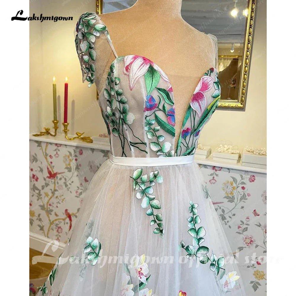 NumberSea Floral Print Lace Floral Garden Wedding Dress V Neck 2025 Beach Boho Bridal Gowns estido de noiva