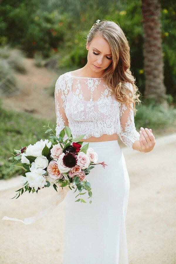 NumberSea Flowy Boho Lace Two Piece Mermaid Chiffon Skirt Wedding Dresses