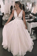 NumberSea Foral Romantic Deep V-neck Appliqued Backless Bridal Gown Wedding Dress,MW461