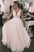 NumberSea Foral Romantic Deep V-neck Appliqued Backless Bridal Gown Wedding Dress,MW461