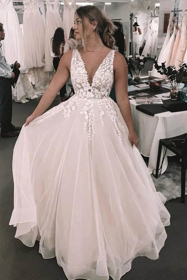 NumberSea Foral Romantic Deep V-neck Appliqued Backless Bridal Gown Wedding Dress,MW461