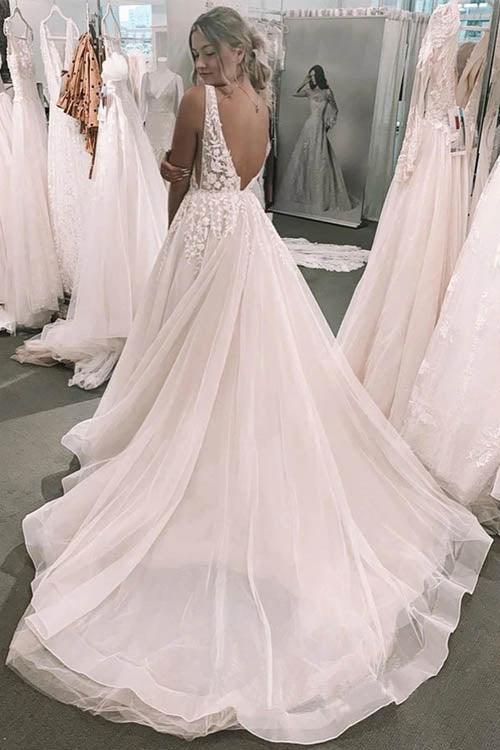 NumberSea Foral Romantic Deep V-neck Appliqued Backless Bridal Gown Wedding Dress,MW461