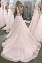 NumberSea Foral Romantic Deep V-neck Appliqued Backless Bridal Gown Wedding Dress,MW461