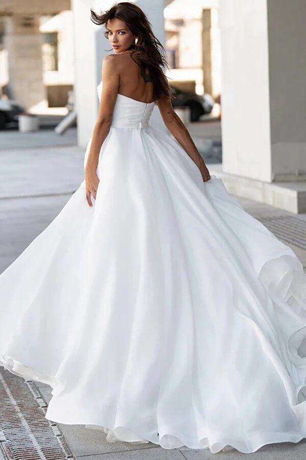 NumberSea Glamorous Satin A-line Sweetheart Modest Wedding Dresses With Pearls, MW1024