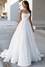 NumberSea Glamorous Satin A-line Sweetheart Modest Wedding Dresses With Pearls, MW1024