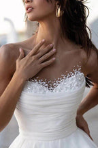NumberSea Glamorous Satin A-line Sweetheart Modest Wedding Dresses With Pearls, MW1024