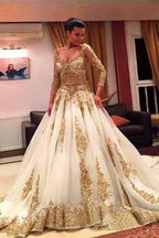 NumberSea Gold Lace Beaded V-Neck Long Sleeves Ball Gown Wedding Dresses with Chapel Train, MW154