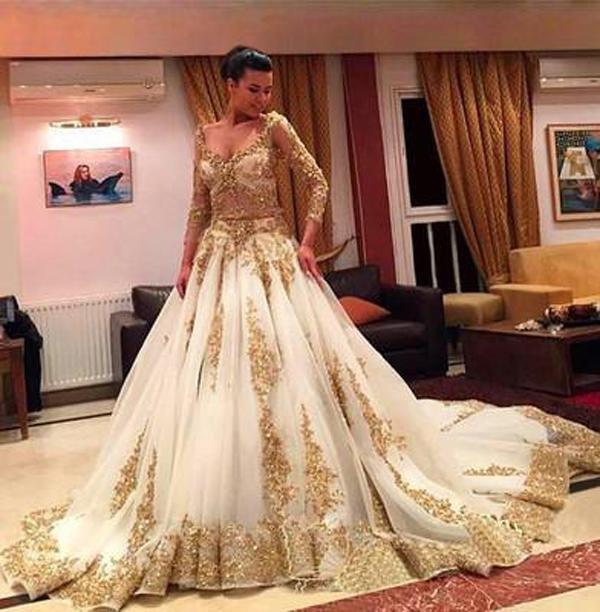 NumberSea Gold Lace Beaded V-Neck Long Sleeves Ball Gown Wedding Dresses with Chapel Train, MW154