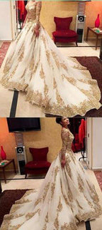 NumberSea Gold Lace Beaded V-Neck Long Sleeves Ball Gown Wedding Dresses with Chapel Train, MW154