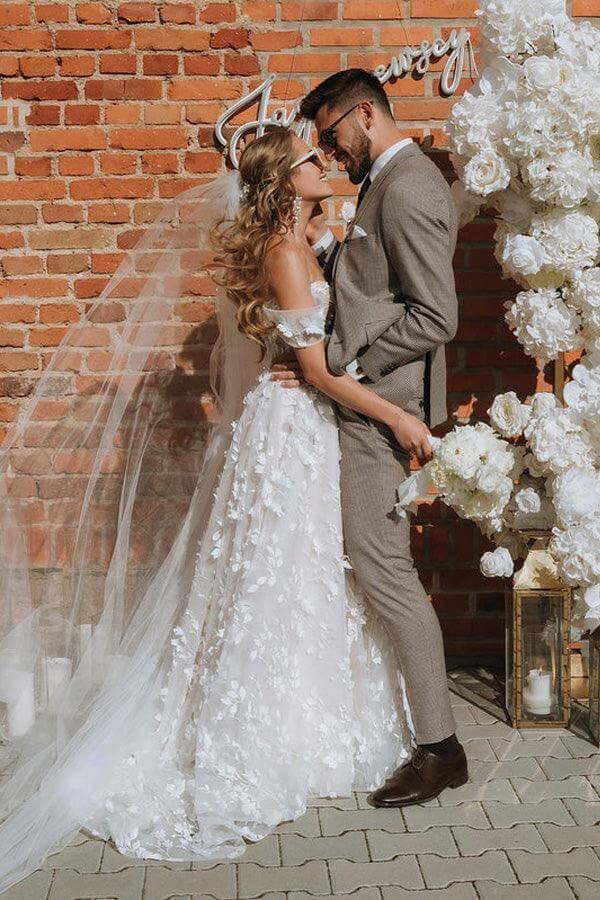 NumberSea Gorgeous A-line Off-the-Shoulder 3D Flowers Beach Wedding Dresses, MW856