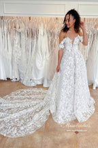 NumberSea Gorgeous A-line Off-the-Shoulder Wedding Dresses With Lace Appliques, MW954
