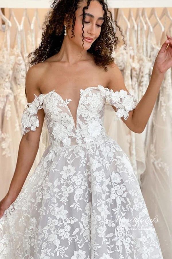 NumberSea Gorgeous A-line Off-the-Shoulder Wedding Dresses With Lace Appliques, MW954