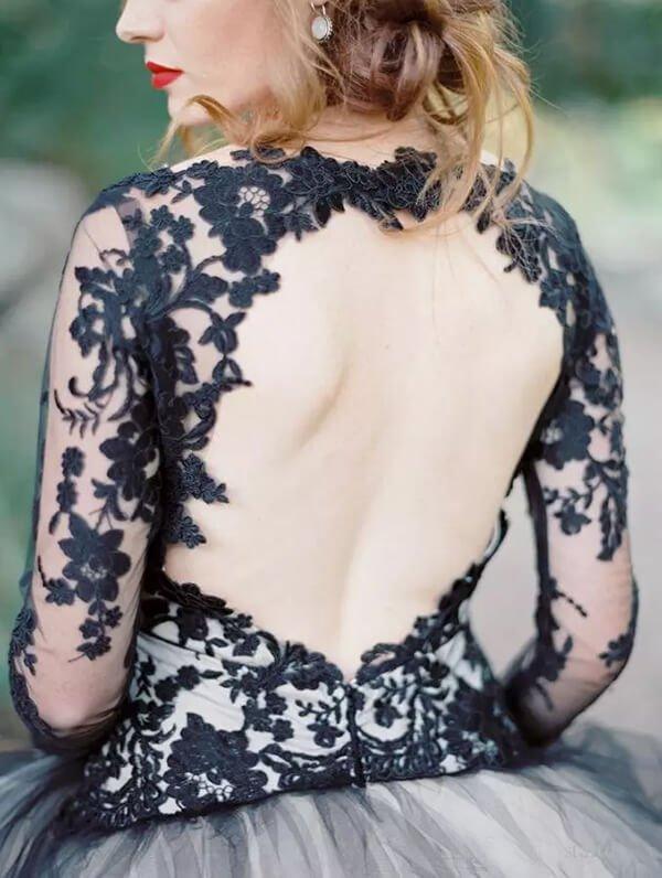NumberSea Gorgeous Black Lace A-line V-neck Long Sleeves Wedding Dresses, MW559