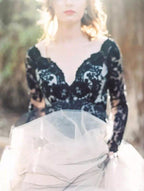 NumberSea Gorgeous Black Lace A-line V-neck Long Sleeves Wedding Dresses, MW559