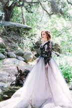 NumberSea Gorgeous Black Lace A-line V-neck Long Sleeves Wedding Dresses, MW559