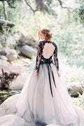 NumberSea Gorgeous Black Lace A-line V-neck Long Sleeves Wedding Dresses, MW559