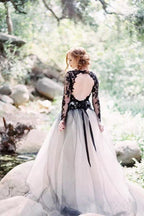 NumberSea Gorgeous Black Lace A-line V-neck Long Sleeves Wedding Dresses, MW559