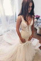 NumberSea Gorgeous Ivory Tulle Mermaid V-Neck Lace Sleeveless Wedding Dresses, MW156