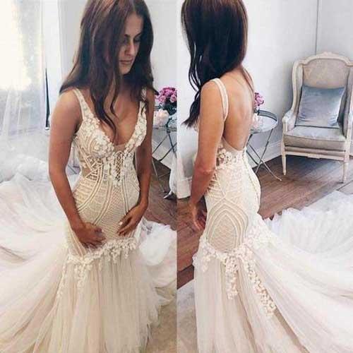 NumberSea Gorgeous Ivory Tulle Mermaid V-Neck Lace Sleeveless Wedding Dresses, MW156