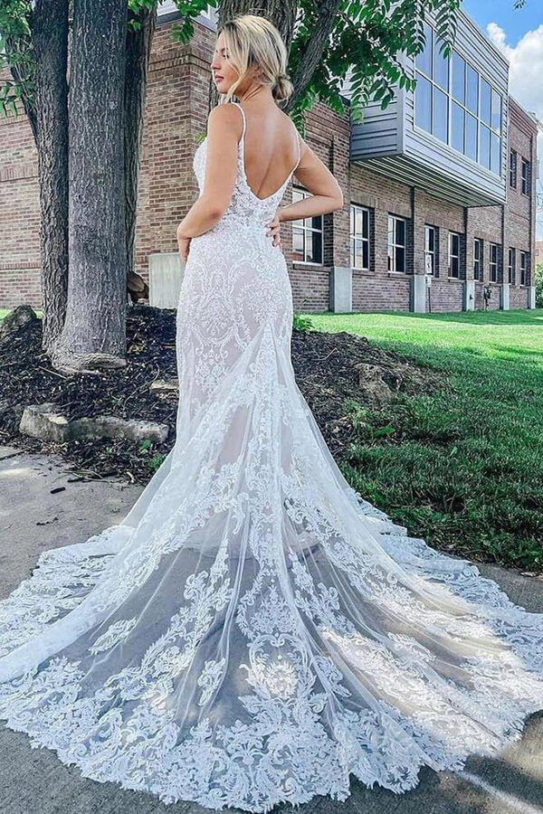NumberSea Gorgeous Lace Mermaid Deep V-neck Wedding Dresses, Bridal Gowns, MW714